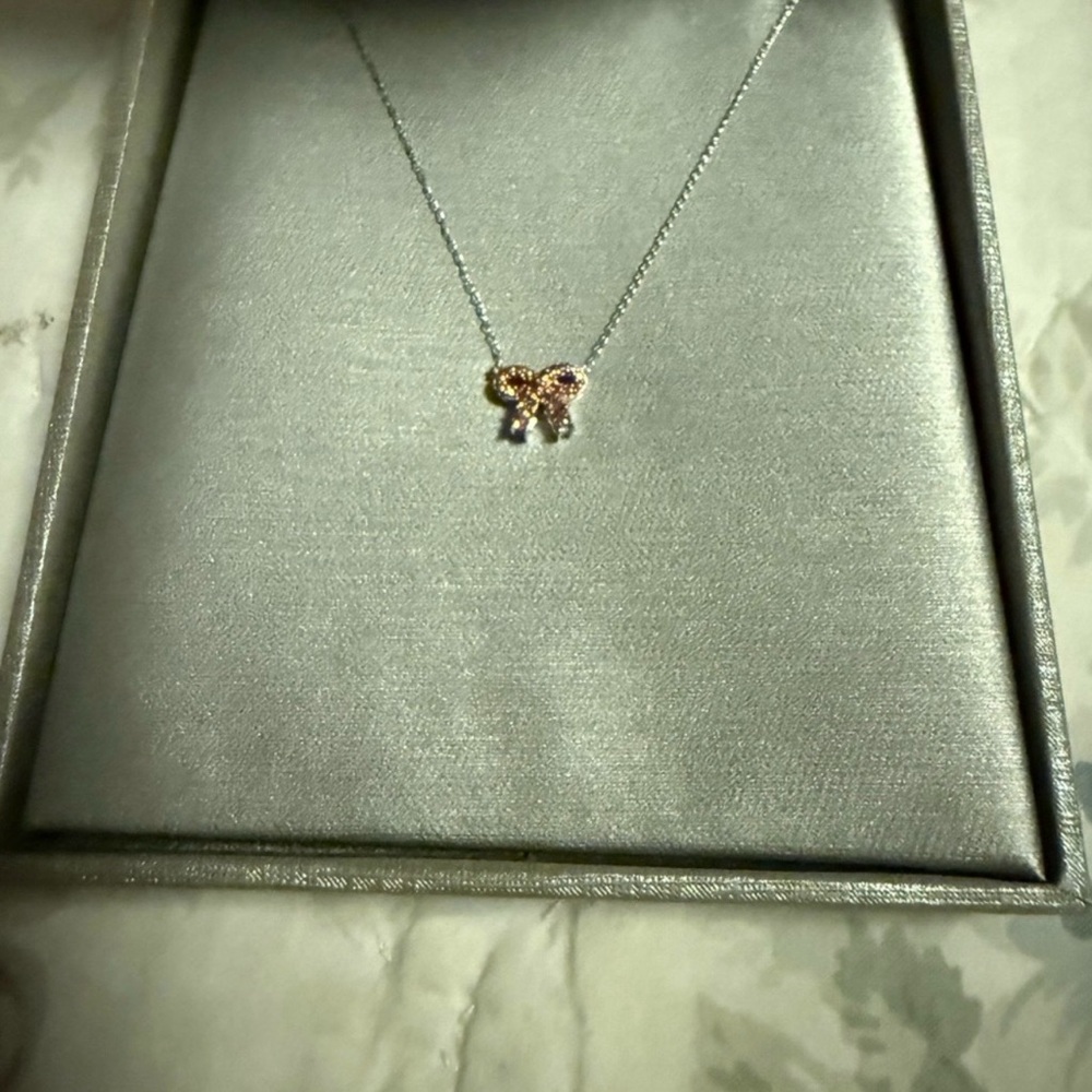 Delicate Bow Pendant Necklace in Pink and Silver